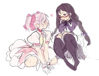 2girls akemi_homura akemi_homura_(magical_girl) black_hair black_pantyhose blush blush_stickers bow bowtie braid bubble_skirt capelet cratocas dress grey_skirt hair_bobbles hair_ornament hair_ribbon heart highres kaname_madoka kaname_madoka_(magical_girl) layered_dress layered_sleeves looking_at_another magical_girl mahou_shoujo_madoka_magica multiple_girls official_alternate_hairstyle pantyhose pink_eyes pink_hair puffy_short_sleeves puffy_sleeves purple_eyes ribbon shirt short_hair short_sleeves short_twintails sidelocks sitting skirt soul_gem spoken_heart twin_braids twintails wariza white_background white_shirt