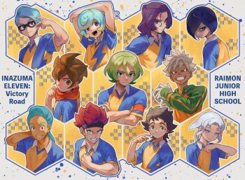 Rule 34 | 2girls, 6+boys, aqua hair, black hair, blue shirt, crossed arms, dark-skinned male, dark skin, english text, gloves, green eyes, green hair, grey eyes, grey gloves, grey hair, looking at viewer, medium hair, multiple boys, multiple girls, purple hair, shaded face, shirt, two-tone shirt, upper body, yellow shirt