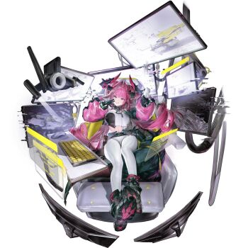 1girl :d arknights arknights:_endfield artist_request black_footwear black_gloves black_horns breasts computer_keyboard crop_top full_body gloves hair_intakes highres horns large_breasts liduke long_hair long_sleeves looking_at_viewer monitor navel official_art open_mouth pants pink_hair pink_horns puffy_long_sleeves puffy_sleeves science_fiction screen shoe_soles simple_background sitting smile solo tail transparent_background very_long_hair white_pants yvonne_(arknights)
