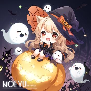 1girl :d animal animal_ear_fluff animal_ears bat_(animal) black_dress black_hat black_shoes bow brown_hair building chibi commentary_request dress ghost hat hat_bow jack-o'-lantern loading_(verjuice) long_hair looking_at_viewer night open_mouth orange_bow original paw_pose red_eyes shoes sitting sky smile solo sparkle v-shaped_eyebrows very_long_hair witch_hat