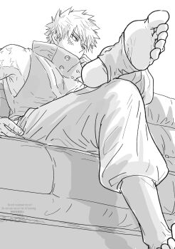 1boy absurdres bakugou_katsuki boku_no_hero_academia crossed_legs highres male_focus monochrome oroshi_mi pants scar scar_on_face shirt short_hair sitting sleeveless sleeveless_shirt solo spiked_hair toeless_legwear toes white_background