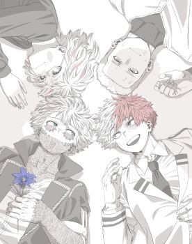 Rule 34 | 1girl, 3boys, blue eyes, boku no hero academia, brother and sister, brothers, burn scar, collarbone, commentary request, dabi (boku no hero academia), flower, from above, glasses, highres, holding, holding flower, jacket, long sleeves, looking at viewer, lying, multicolored hair, multiple boys, on back, open clothes, open jacket, open mouth, popped collar, scar, school uniform, short hair, siblings, smile, spoilers, streaked hair, todoroki fuyumi, todoroki natsuo, todoroki shoto, todoroki touya, turtleneck, u.a. school uniform, very short hair, yamaguchi anna