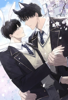 Rule 34 | 2boys, animal ears, black coat, black eyes, black hair, cat ears, cherry blossoms, cherry tree, coat, collared shirt, dutch angle, grey vest, hand on another's back, highres, holding hands, kim dokja, large hands, looking at another, male focus, matching outfits, multiple boys, necktie, omniscient reader's viewpoint, open clothes, open coat, rabbit ears, school uniform, shirt, shirt tucked in, short hair, striped necktie, sweatdrop, tanppopo9, vest, white shirt, wide-eyed, yoo joonghyuk