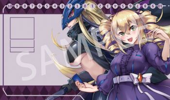 2girls :d absurdres beelstarmon belt black_belt black_coat black_gloves black_pants black_vest blonde_hair blue_mask bow breasts card coat commentary_request cowboy_shot cropped_vest digimon digimon_(creature) digimon_liberator dress drill_hair eye_mask gloves green_eyes gun hair_between_eyes hand_up highres holding holding_card holding_gun holding_weapon large_breasts leather leather_pants lipstick long_hair long_sleeves looking_at_viewer makeup mask mk.sweet multicolored_hair multiple_girls open_clothes open_coat open_mouth pants parted_lips profile purple_background purple_dress purple_eyes purple_hair purple_lips sample_watermark sidelocks smile standing stomach streaked_hair teeth third_eye tight_clothes tight_pants trading_card twin_drills two-tone_hair underboob upper_teeth_only vest violet_inboots watermark weapon white_belt white_bow