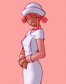 1girl breasts commentary dark-skinned_female dark_skin draw_and_erase dress eyelashes grey_eyes hair_rings highres joy_(pokemon) joy_(pokemon_legends:_z-a) nintendo pink_background pink_hair pokemon pokemon_legends:_z-a short_hair short_sleeves simple_background smile solo white_dress white_hair