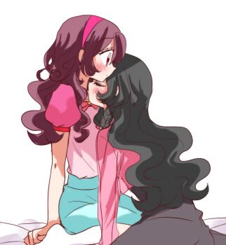 2girls biwako_(biwa27) black_hair black_skirt blue_skirt blush brown_hair character_request closed_eyes hairband kimi_to_idol_precure long_hair multiple_girls pink_eyes pink_hairband pink_shirt precure sakura_uta_(precure) shirt simple_background skirt socks white_background white_socks yuri