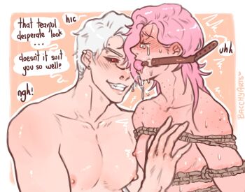 2boys bacchyarts ball_gag bdsm black_sclera bondage bound closed_eyes colored_sclera crying english_text evil_grin evil_smile freckles gag gagged grin highres jojo_no_kimyou_na_bouken long_hair looking_at_another male_focus multiple_boys nipples nude pectorals pink_hair red_eyes risotto_nero short_hair size_difference smile speech_bubble tears vento_aureo vinegar_doppio yaoi