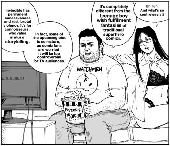 1boy 1girl absurdres bb_(baalbuddy) beard bra breasts cleavage commentary couch english_commentary english_text facial_hair fat fat_man food glasses greyscale highres lace lace-trimmed_bra lace-trimmed_panties lace_trim lingerie looking_at_another monochrome navel on_couch original panties popcorn sitting speech_bubble stomach television underwear