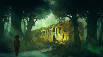 1boy backpack bag broken_window fantasy forest green_theme hat nature open_door original outdoors photoshop_(medium) ruins scenery stream taka_(cknwurn9) third-party_edit train tree