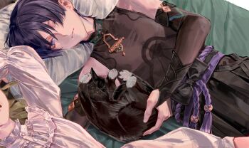 1boy 1girl armor armpit_crease belt black_belt black_bodysuit black_bow black_bridal_gauntlets black_cat black_shorts blunt_ends bodysuit bow bridal_gauntlets cat character_request choppy_bangs closed_mouth clothing_cutout couple dress genshin_impact green_hair hakama hakama_shorts head_on_pillow hetero highres hip_vent japanese_armor japanese_clothes kote kurokote lic_617 long_sleeves looking_at_another lying mandarin_collar nightgown oc_x_canon on_back on_bed original pillow pleated_shorts purple_eyes purple_hair purple_rope purple_sash rope sash scaramouche_(genshin_impact) shared_bed shorts tassel tsurime wanderer_(genshin_impact) white_dress white_nightgown white_sleeves