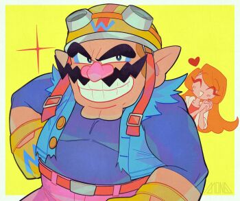 1boy 1girl blue_shirt clenched_teeth facial_hair gloves goggles goggles_on_head heart helmet highres long_hair looking_at_viewer m516 mona_(warioware) muscular mustache nintendo orange_hair pants pink_pants pointy_ears shirt simple_background teeth wario warioware yellow_background yellow_gloves