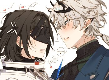 1boy 1girl ? ?? ardashir_(arknights) arknights arknights:_endfield black_hair black_horns blue_eyes endministrator_(arknights) female_endministrator_(arknights) from_side grey_hair heart highres horns looking_at_another looking_at_viewer low_ponytail majunjuu mask medium_hair parted_lips pointy_ears ponytail simple_background upper_body white_background