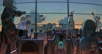 airport bee blonde_hair blue_eyes brown_capelet buffson bug capelet cellphone cloud hair_ornament hat highres hololive hololive_english insect mazumaro multiple_girls necktie open_mouth phone plastic_bottle red_necktie shirt short_hair skirt sleeping smartphone smol_ame virtual_youtuber watoto_(mythbreakers) watson_amelia watson_amelia_(1st_costume) watson_amelia_(party_dress) watson_amelia_(street_casual) window