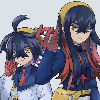 1boy 1girl antenna_hair black_hair blue_shirt brother_and_sister carmine_(pokemon) closed_mouth collared_shirt colored_inner_hair commentary_request crossed_bangs double-parted_bangs gloves grey_background hair_between_eyes highres iruzu_(pixiv27236115) jacket kieran_(pokemon) long_hair long_sleeves looking_at_viewer mole mole_on_neck mole_under_eye multicolored_hair necktie nintendo partially_fingerless_gloves pokemon pokemon_sv purple_hair red_hair red_necktie shirt short_hair short_sleeves siblings simple_background single_glove twitter_username two-tone_hair white_jacket yellow_eyes