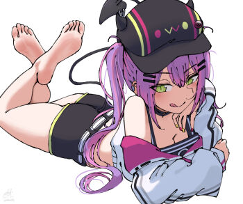 1girl :q barefoot blush croo_(croo168) feet green_eyes hat highres hololive long_hair looking_at_viewer lying on_stomach purple_hair soles the_pose toes tokoyami_towa tongue tongue_out twintails