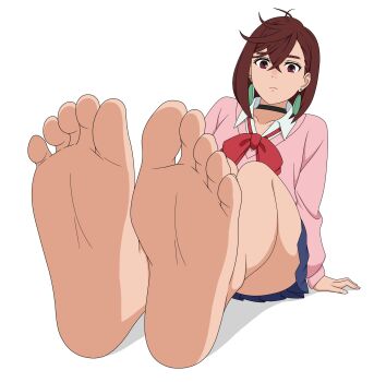 Rule 34 | 1girl, artist request, ayase momo, barefoot, brown hair, dandadan, earrings, feet, foot focus, highres, jewelry, short hair, skirt, solo, toes