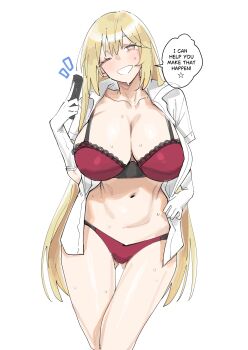 1girl ;) absurdres alternate_breast_size_(larger) blonde_hair bra breasts commentary controller elbow_gloves english_commentary gloves gluteal_fold highres holding holding_controller holding_remote_control huge_breasts long_hair looking_at_viewer navel oha_v one_eye_closed open_clothes open_shirt panties red_bra red_panties remote_control shirt shokuhou_misaki smile solo star-shaped_pupils star_(symbol) sweat symbol-shaped_pupils thigh_gap toaru_kagaku_no_mental_out toaru_kagaku_no_railgun toaru_majutsu_no_index underwear white_background white_gloves white_shirt yellow_eyes