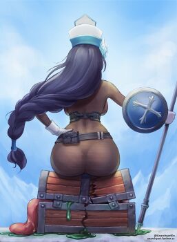Rule 34 | 1girl, alternate costume, anarchyart, ass, ass focus, backboob, blue hair, bodystocking, braid, breasts, from behind, gloves, goddess of victory: nikke, hat, highres, long hair, long tongue, maiden (ice rose) (nikke), maiden (nikke), mimic, mimic chest, monster, official alternate costume, shield, single braid, sitting, sitting on creature, skin tight, staff, tongue, very long hair