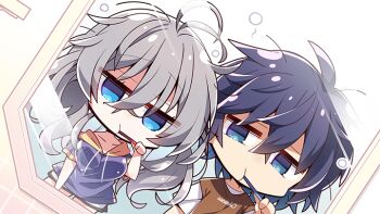 1boy 1girl :t akaneya amakano_2 antenna_hair blue_eyes breasts brown_shirt brushing_teeth chibi chibi_only crossed_bangs grey_hair hair_between_eyes holding holding_toothbrush hood hood_down hoodie long_hair looking_at_viewer messy_hair mirror official_art purple_hair purple_hoodie sara_(amakano_2) shirt short_hair short_sleeves shorts toothbrush wakura_kenichi