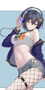 10_plus 1girl alternate_costume belle_(zenless_zone_zero) black_choker blue_jacket blush breasts choker crop_top fishnet_pantyhose fishnets green_eyes grey_background grey_shorts hair_ornament hand_up headphones highres jacket letter_hair_ornament medium_breasts navel pantyhose revision short_hair shorts solo stomach tank_top thigh_strap white_tank_top zenless_zone_zero