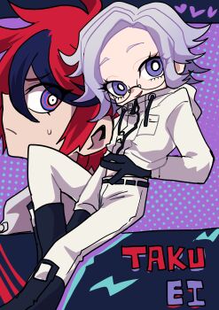 2boys absurdres ahoge aotsuki_eito between_legs black_gloves black_streaks blue_eyes breast_pocket bright_pupils clothes_lift commentary_request deformed english_text glasses gloves grey_hair hand_between_legs heart highres jacket jacket_lift kawati looking_at_viewer male_focus multicolored_hair multiple_boys pants pocket purple_eyes red_hair ringed_eyes short_hair smile streaked_hair sumino_takumi sweatdrop the_hundred_line_-last_defense_academy- white_jacket white_pants white_pupils