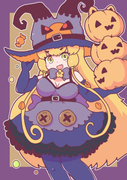 1girl bare_shoulders belt blonde_hair bow bowtie candy dress elbow_gloves food gloves green_eyes halloween hat highres jack-o&#039;-lantern_(kemono_friends) kemono_friends kemono_friends_3 leaf long_hair looking_at_viewer maple_leaf numazoko_namazu pantyhose pumpkin purple_dress simple_background skirt solo witch_hat