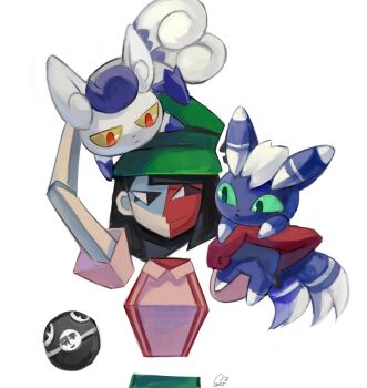 2boys 2girls black_eyes black_hair blue_fur blunt_bangs blunt_ends bob_cut closed_mouth colored_sclera colored_skin commentary ena:_dream_bbq ena_(dream_bbq) ena_(series) ena_(species) froggy_(ena) gen_6_pokemon green_eyes green_hat green_sclera hat highres low_poly meowstic meowstic_(female) meowstic_(male) multicolored_skin multiple_boys multiple_girls nintendo poke_ball pokemon pokemon_(creature) red_eyes red_skin shirt short_hair short_sleeves simple_background smile split-color_skin symbol-only_commentary tail two-tone_fur two-tone_skin usagimarumei white_fur yellow_sclera