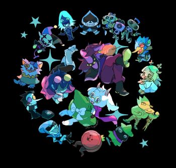 1other 3girls 6+boys androgynous animal_ears ankle_boots antenna_hair armlet armor arms_behind_head artist_name barefoot berdly_(dark_world)_(deltarune) berdly_(deltarune) black_background black_footwear black_jacket blue_hair blue_skin body_fur boots bow button_eyes buttons c._round cap&#039;n_(deltarune) cape circle_formation clown clown_boy colored_skin commentary cotton_candy covered_eyes deer_girl deltarune everyone eyewear_on_head food_in_mouth full_body furry furry_female furry_male glasses gloves goat_boy goat_ears goat_horns greaves green-framed_eyewear green_headwear grin hat hat_bow highres holding holding_phone holding_unworn_clothes holding_unworn_hat horns jacket jester jester_boy jevil jewelry k_k_(deltarune) kris_(dark_world)_(deltarune) kris_(deltarune) lancer_(deltarune) leg_up long_hair lying multiple_boys multiple_girls noelle_holiday noelle_holiday_(dark_world) noppo_(nopon) on_back on_stomach open_mouth pants phone pink_cape pink_skin purple_hair purple_pants purple_scarf queen_(deltarune) ralsei ralsei_(hat) robot round_eyewear rouxls_kaard scarf seam_(deltarune) shaded_face sharp_teeth short_hair signature simple_background smile spamton_g._spamton spiked_armlet star_(symbol) sunglasses susie_(dark_world)_(deltarune) susie_(deltarune) sweet_(deltarune) symbol-only_commentary teeth unworn_hat unworn_headwear utdr_(toby_fox) white_fur white_gloves