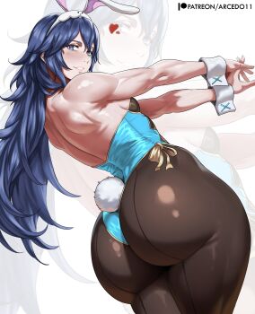 Rule 34 | 1girl, animal ears, arcedo, ass, blue eyes, blue hair, blue leotard, breasts, detached collar, fake animal ears, fire emblem, fire emblem awakening, hair between eyes, huge ass, leotard, long hair, looking at viewer, lucina (fire emblem), muscular, muscular female, nintendo, pantyhose, playboy bunny, rabbit ears, small breasts, smile, solo, strapless, strapless leotard, thighs