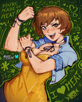 1girl blush breasts brown_eyes brown_hair cleavage commentary english_commentary english_text green_background hand_on_own_arm hatidraw heart heart-shaped_pupils jacket looking_at_viewer official_alternate_costume open_mouth persona persona_4 persona_4:_the_ultimate_in_mayonaka_arena satonaka_chie short_hair symbol-shaped_pupils