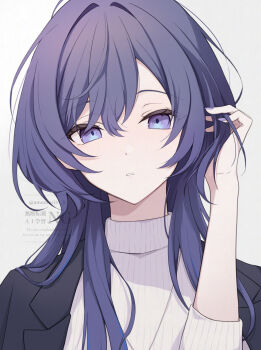 1girl asahina_mafuyu black_jacket blazer commentary_request dot_nose grey_background hair_between_eyes hand_in_own_hair highres jacket jacket_on_shoulders jellyfish_cut jewelry lapels long_hair looking_at_viewer necklace notched_lapels official_alternate_costume official_alternate_hairstyle parted_lips project_sekai purple_eyes purple_hair ribbed_sweater sidelocks simple_background solo sweater three-quarter_sleeves turtleneck turtleneck_sweater twitter_username umemori_mai upper_body watermark white_sweater zozotown