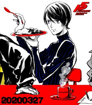 Rule 34 | 1girl, 2boys, annoyed, arm out of frame, black hair, black shirt, blue eyes, blue shirt, chair, copyright name, crumbs, cup, curry, curry rice, eating, food, holding, holding food, holding plate, holding spoon, kitagawa yusuke, kitagawa yuusuke, long sleeves, looking at another, mug, multiple boys, niijima makoto, numbered, official art, paper, partially colored, pencil, persona, persona 5, plate, red mug, rice, saitou rokuro, sakamoto ryuji, sakamoto ryuuji, shirt, short hair, simple background, spoon, steam, steaming cup, striped clothes, striped shirt, table, turtleneck, turtleneck shirt, two-tone shirt