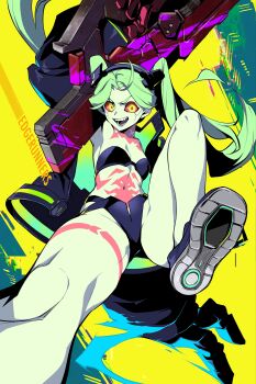 Rule 34 | 1girl, absurdres, armpits, artificial eye, ass, blue bra, blue panties, blue shoes, bra, breasts, colored sclera, cyberpunk (series), cyberpunk: edgerunners, fang, fewer digits, from below, green hair, highres, holding, holding weapon, huge weapon, jacket, leg tattoo, long hair, mechanical eye, mechanical hands, neck tattoo, open clothes, open jacket, open mouth, oversized forearms, oversized limbs, panties, patipat asavasena, petite, rebecca (cyberpunk), red eyes, red sclera, samurai jacket (cyberpunk), shoes, simple background, small breasts, smile, solo, stomach tattoo, tattoo, teeth, twintails, underwear, unzipped, very long hair, weapon, wide hips, yellow background