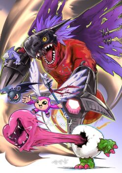 Rule 34 | arm cannon, body fur, colored skin, cyborg, digimon, digimon (creature), digitama, dragon, egg, green skin, holding, holding polearm, holding weapon, mechanical arms, megadramon, nisotaniso, orange skin, picklemon, pink fur, polearm, purple wings, torn wings, weapon, white wings, wings