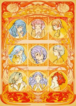 6+girls absurdres akane_canna alternate_costume and_uge animal_ears aqua_hair art_nouveau black_hairband blonde_hair blue_hair border braid brown_choker choker circle_facial_mark closed_eyes column_lineup commentary_request cone_hair_bun double_bun dress facial_mark followers_favorite_challenge grid_lineup hair_bun hairband hand_on_own_cheek hand_on_own_face hand_up hands_up highres ieiri_popo interlocked_fingers kisaki_anko kohaku_yuri konan_mia kugutsu_(kugutz) long_hair looking_at_viewer medium_hair multicolored_hair multiple_drawing_challenge multiple_girls nanashi_inc. narrowed_eyes orange_border orange_hair ornate_border own_hands_together parted_lips pink_hair praying purple_hair red_hair shisui_kiki short_hair side_braid streaked_hair suzumi_nemo touri_sei twin_braids twintails two-tone_hair virtual_youtuber yellow_dress