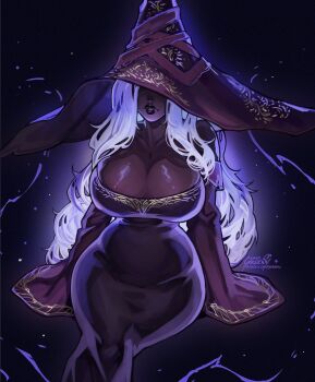 black_background black_dress black_lips breasts cleavage colored_skin cowboy_shot crossed_legs curtained_hair dress elden_ring elden_ring_nightreign glowing greenu hat hat_over_eyes highres huge_breasts large_hat lipstick long_hair makeup parted_lips patreon_username recluse_(elden_ring) shiny_skin signature sitting sleeves_past_fingers sleeves_past_wrists wavy_hair white_hair wide_hips wide_sleeves witch witch_hat
