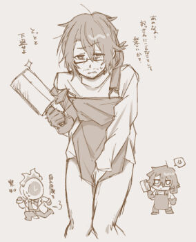 1boy 1other absurdres alternate_costume anger_vein angry apron bags_under_eyes beard_stubble between_legs bottomless chibi chibi_inset cleaver clenched_hand clock closed_mouth coat collared_shirt covering_crotch covering_privates cowboy_shot dante_(limbus_company) dress_shirt embarrassed expressionless facial_hair facing_viewer fire formal_clothes from_front from_side full_body g_corp._(identity)_(project_moon) glasses glint gloves gregor_(project_moon) grey_background greyscale hair_between_eyes hair_intakes half-closed_eyes hand_between_legs hand_up highres holding holding_cleaver holding_knife holding_weapon jitome kitchen_knife knees_bent knees_together_feet_apart knife lapels lily26983455 limbus_company long_coat long_hair long_sleeves looking_ahead looking_at_another looking_at_viewer looking_back looking_down looking_to_the_side low_ponytail male_focus monochrome multiple_views naked_apron naked_shirt necktie no_pants notched_lapels object_head official_alternate_costume open_clothes open_coat pants parted_bangs parted_lips ponytail project_moon r.b._(identity)_(project_moon) raised_eyebrows rectangular_eyewear semi-rimless_eyewear sepia shirt shirt_tug shoes sidelocks simple_background solo_focus speech_bubble spoken_anger_vein standing strap_slip stubble suit sweatdrop thighs translation_request turtleneck turtleneck_shirt under-rim_eyewear upper_body weapon