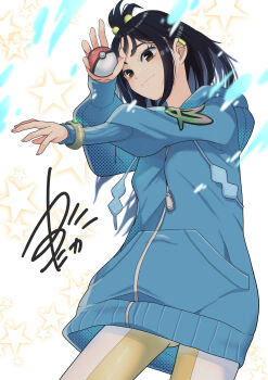 1girl absurdres bad_proportions black_hair blue_jacket bracelet brown_eyes earclip hair_bobbles hair_ornament highres holding holding_poke_ball hood hooded_jacket jacket jewelry lida_(pokemon) long_hair medaka_digital nintendo poke_ball poke_ball_(basic) pokemon pokemon_(creature) pokemon_legends:_z-a standing zipper