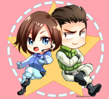 Rule 34 | 1boy, 1girl, artist name, black hair, blue eyes, blue jacket, boots, brown hair, chibi, chris redfield, crossed arms, headset, jacket, jill valentine, nagare, open mouth, pink background, resident evil, resident evil 1, smile, star (symbol)