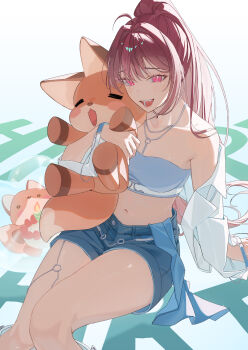 1girl absurdres ahoge bare_shoulders blue_shorts breasts commentary crop_top denim denim_shorts fox highres holding holding_stuffed_toy hugging_doll hugging_object isegye_idol jacket jewelry jupokdo_(jururu) jururu korean_text long_hair looking_at_viewer midriff navel necklace o-ring off_shoulder open_clothes open_mouth open_shirt pink_eyes ponytail purucon red_eyes red_hair shirt short_shorts shorts sitting smile solo strapless stuffed_animal stuffed_toy teeth thighs tube_top virtual_youtuber waktaverse white_shirt