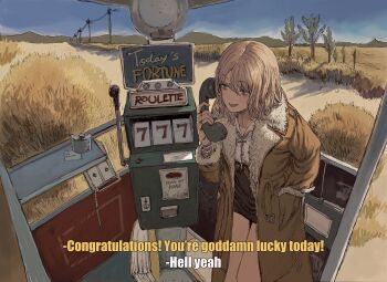 1girl 7_(number) blue_sky brown_coat bush calling coat commentary day english_commentary english_text fur_collar gold_can grey_eyes hand_in_pocket highres medium_hair mountainous_horizon open_mouth outdoors phone power_lines sky slot_machine solo subtitled tree utility_pole