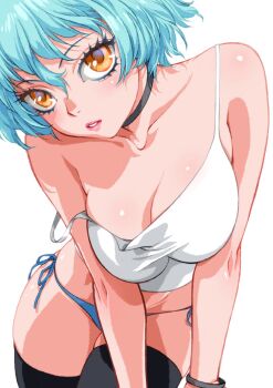1girl bare_shoulders black_thighhighs blue_hair blue_panties breasts camisole cleavage collarbone commentary_request crop_top eyelashes highres large_breasts leaning_forward looking_at_viewer navel orange_eyes original panties parted_lips short_hair side-tie_panties solo thighhighs underwear white_camisole yui_toshiki