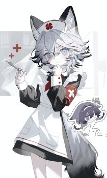 1cyaya1 2girls absurdres animal_ear_fluff animal_ears apron armband black_dress black_hair blue_eyes braid cat_ears cat_tail chibi chibi_inset clenched_hand colored_tips commentary_request cowboy_shot cross dress frown fuwa_(1cyaya1) grey_hair hand_up hat highres holding holding_sword holding_weapon looking_at_viewer merlot_(1cyaya1) multicolored_hair multiple_girls nurse_cap original purple_hair red_cross simple_background sword tail thinking twin_braids weapon white_apron white_background white_hat