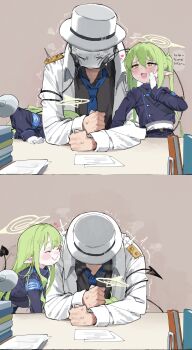 2girls 2koma anger_vein arm_rest armband black_shirt black_tail blue_archive blue_armband blue_jacket blue_necktie blue_pants blush clenched_hand closed_eyes closed_mouth collared_shirt comic commentary conductor cropped_jacket cum cum_on_body demon_tail doodle_sensei_(blue_archive) double-parted_bangs english_commentary english_text facial facing_another facing_down fang fellatio full_mouth gloves green_hair green_halo grey_background halo hand_rest hand_up hat heart highres hikari_(blue_archive) implied_after_fellatio implied_fellatio indoors jacket loli long_hair lonklink looking_at_another multiple_girls necktie nozomi_(blue_archive) open_clothes open_jacket open_mouth oral paid_reward_available pants paper sensei_(blue_archive) shirt shirt_tucked_in siblings sidelocks simple_background sisters skin_fang smile smug stealth_fellatio stealth_sex steaming_body stitched sweat table tail tail_around_arm tail_on_face third-party_edit top_hat twins twintails twitching under_table white_gloves white_hat white_jacket white_shirt