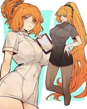 09wave_hb 1girl alternate_costume black_dress black_pantyhose breasts dress freckles highres holding holding_notepad ishmael_(project_moon) large_breasts limbus_company long_hair multiple_views notepad nurse orange_eyes orange_hair pantyhose project_moon short_hair thighs very_long_hair white_dress