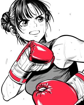 Rule 34 | 1girl, boxing, boxing gloves, breasts, commentary request, double bun, dutch angle, flying sweatdrops, gloves, greyscale, hair bun, hatching (texture), highres, lee (dragon garou), medium breasts, monochrome, mouth guard, original, red gloves, solo, sports bra, spot color, sweat, upper body, v-shaped eyebrows, very sweaty