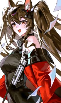 1girl angelina_(arknights) animal_ear_fluff animal_ears arknights arknights:_endfield bare_shoulders belt black_dress black_gloves breasts brown_hair coat colored_inner_animal_ears commentary_request corrupted_twitter_file dress elbow_gloves floating_paper fox_ears fox_girl gilberta_(arknights) gloves hair_between_eyes headpiece high_belt high_collar highres impossible_clothes impossible_dress korean_commentary long_hair long_sidelocks looking_at_viewer medium_breasts mevii12345 off_shoulder open_clothes open_coat orange_eyes paper red_coat sidelocks simple_background sleeveless sleeveless_dress solo twintails upper_body white_background