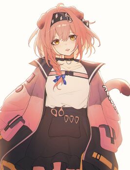 Rule 34 | 1girl, :d, animal ears, arknights, black choker, black skirt, bow, braid, choker, coat, collarbone, cowboy shot, ev-oo, goldenglow (arknights), hair between eyes, hair bow, long hair, looking at viewer, object in pocket, open clothes, open coat, open mouth, pink coat, pink hair, pocket, purple bow, shirt, shirt tucked in, simple background, skirt, smile, solo, standing, white background, white shirt, yellow eyes