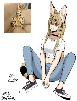 1girl :3 absurdres animal_ear_fluff animal_ears artist_name artist_self-insert between_legs black_choker black_shoes blonde_hair blue_pants breasts brown_eyes cat_ears cat_girl cat_tail choker collarbone converse couch creature_and_personification crop_top cropped_shirt denim ear_tufts eyelashes fang full_body gegegekman hair_between_eyes hair_over_shoulder hand_between_legs highres jeans knees_up korean_text long_hair looking_afar looking_to_the_side m_legs medium_breasts midriff mole mole_on_neck mole_under_eye navel no_socks original own_hands_together pants personification photo-referenced reference_inset serval_gf_(gegegekman) shirt shoes short_sleeves signature sitting skin_fang sneakers solo spread_legs striped_tail t-shirt tail thick_eyebrows twitter_username v_arms very_long_hair white_shirt white_trim