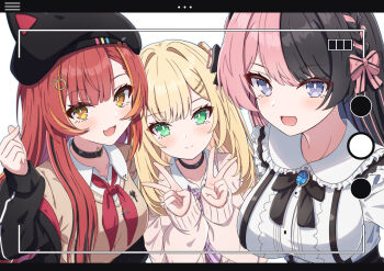 3girls :d animal_ears animal_hat beret black_bow black_hair black_hat black_jacket black_skirt blonde_hair blue_eyes bow breasts brown_cardigan brown_eyes brown_sweater cardigan closed_mouth collared_shirt commentary_request double_v dress_shirt fake_animal_ears fang green_eyes hair_ornament hairclip hat highres jacket kurumi_noah large_breasts long_sleeves multicolored_hair multiple_girls neckerchief necktie nekota_tsuna off_shoulder open_clothes open_jacket open_mouth orange_hair pink_hair puffy_long_sleeves puffy_sleeves purple_necktie red_hair red_neckerchief shirt skirt sleeves_past_wrists smile streaked_hair suspender_skirt suspenders sweater synn032 tachibana_hinano two-tone_hair v virtual_youtuber vspo! white_background white_shirt